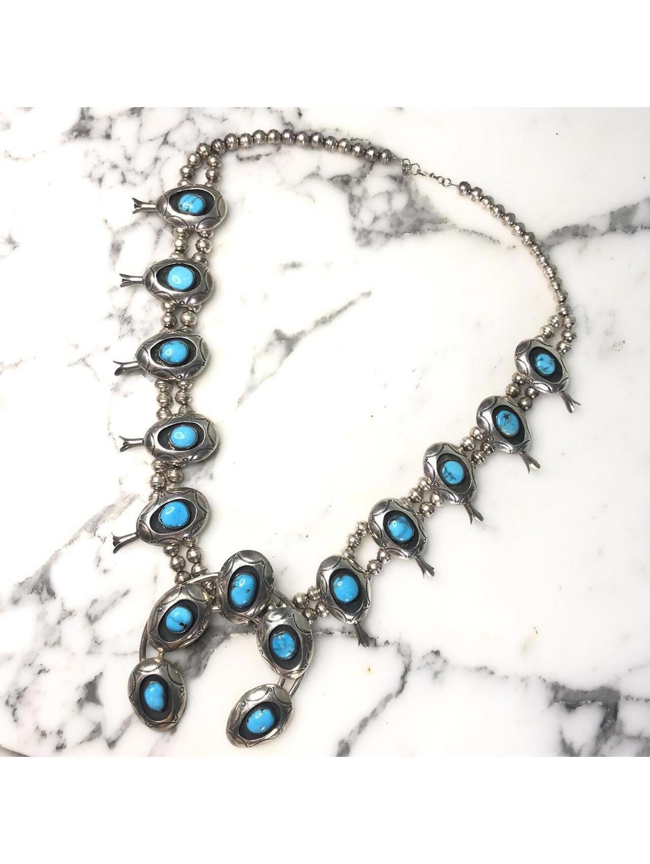 Vintage 925 Old Pawn Turquoise Squash Blossom Sterling Silver Shadow Box Navajo